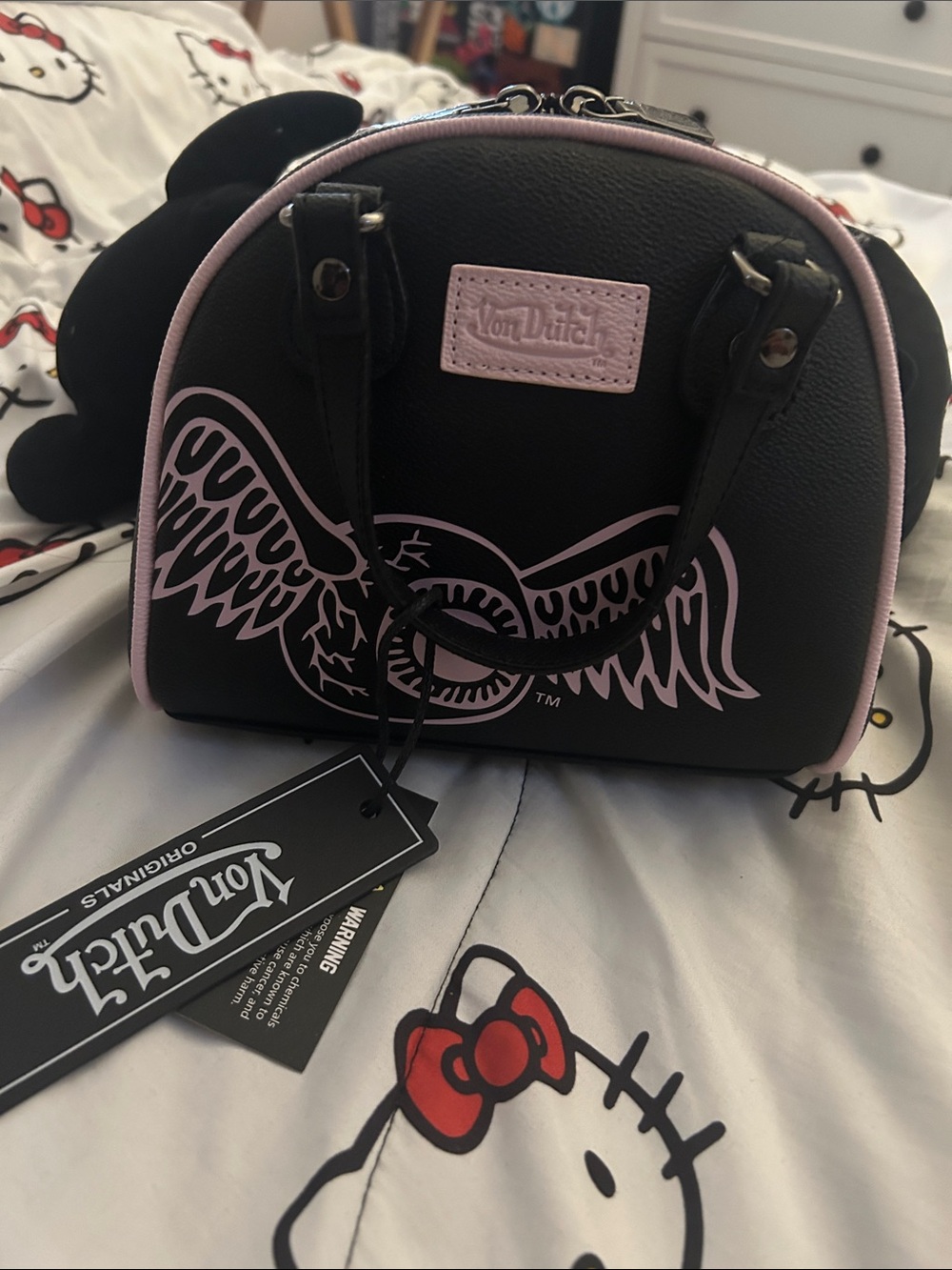 Von Dutch Black with Light Pink Wing Accent Mini Satchel